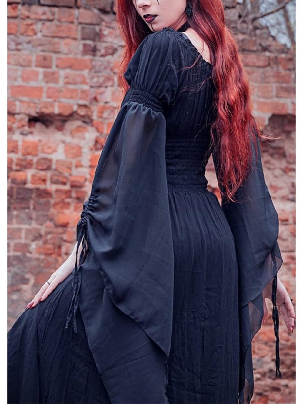🎃 Women Black Renaissance Witch Dress Peasant Gothic Fairy Halloween Costumes - Picture 4 of 4